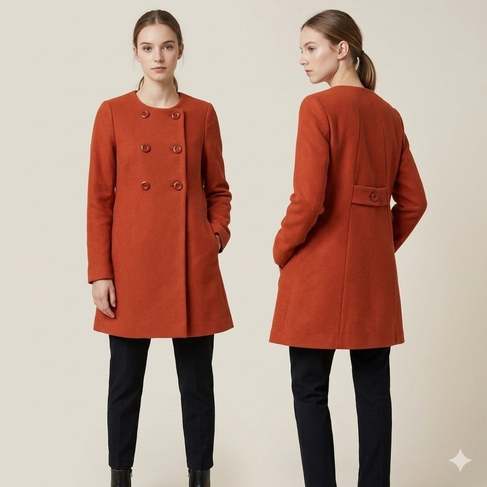 Zara Basic Burnt Orange Wool Cashmere Blend Double Breasted Pea Coat XS 77302